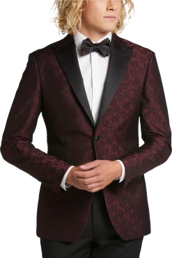 Slim Fit Satin Peak Lapel Dinner Jacket, Burgundy Patterned
