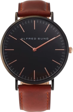 Alfred Sung Full Grain Leather Strap & Black Finish Watch